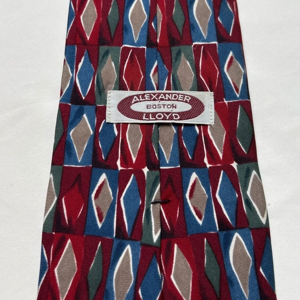 Alexander Lloyd Mens Geometric Diamond Silk Extra Long Necktie XL Red Blue